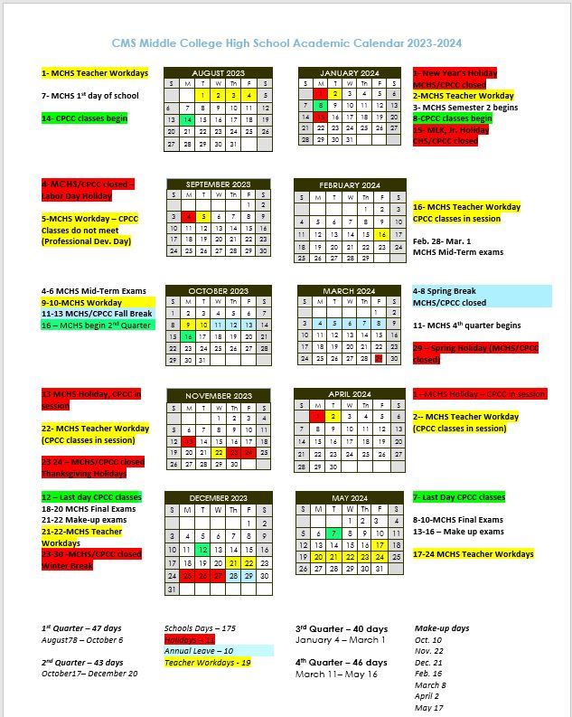  2023-2024 Middle College HS Calendar